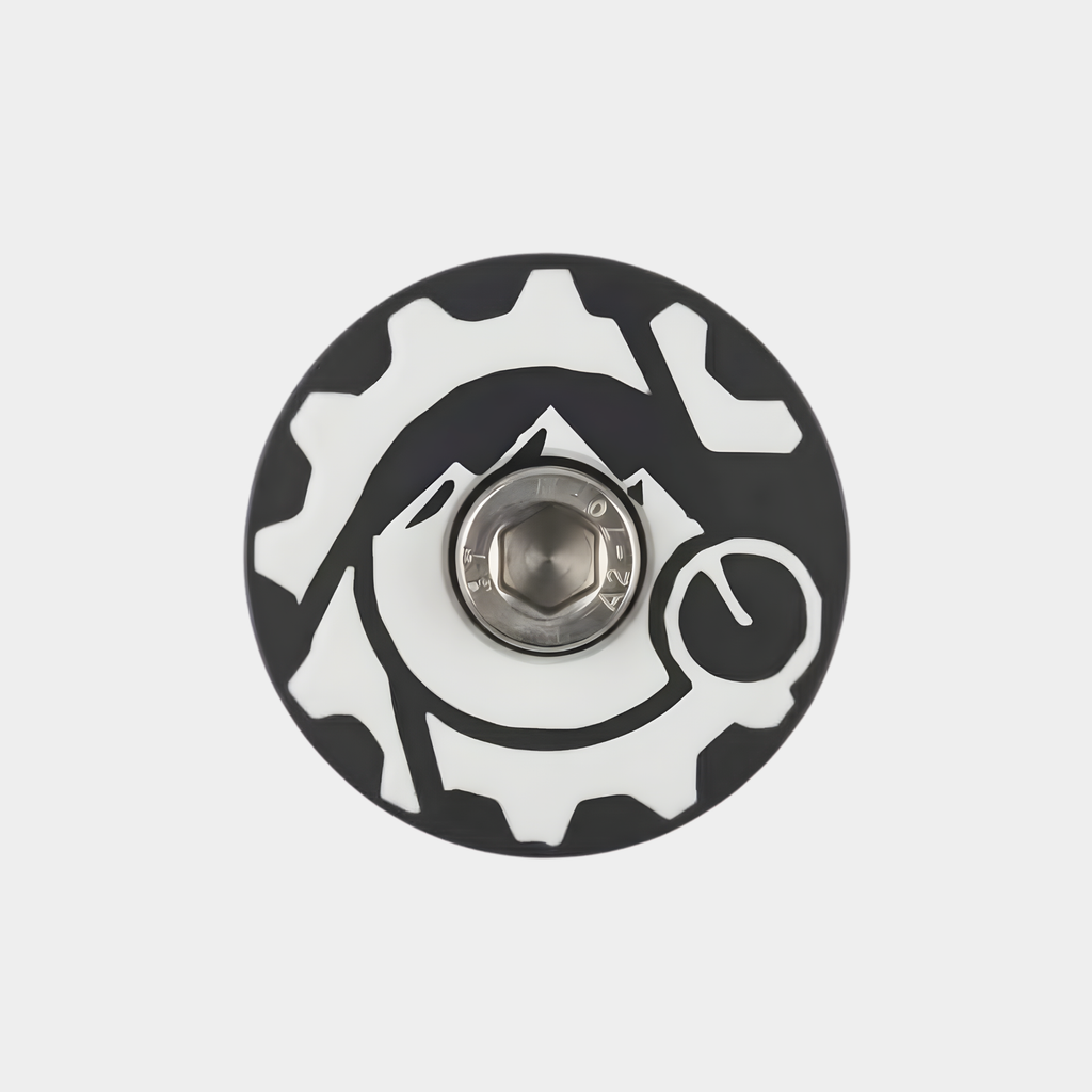 Mt Sprock laser engraved stem cap installed on mountain bike headset