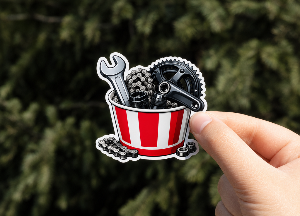 Grease Monkey Sticker – CrankCaps MTB Stickers Australia on a blurred background.