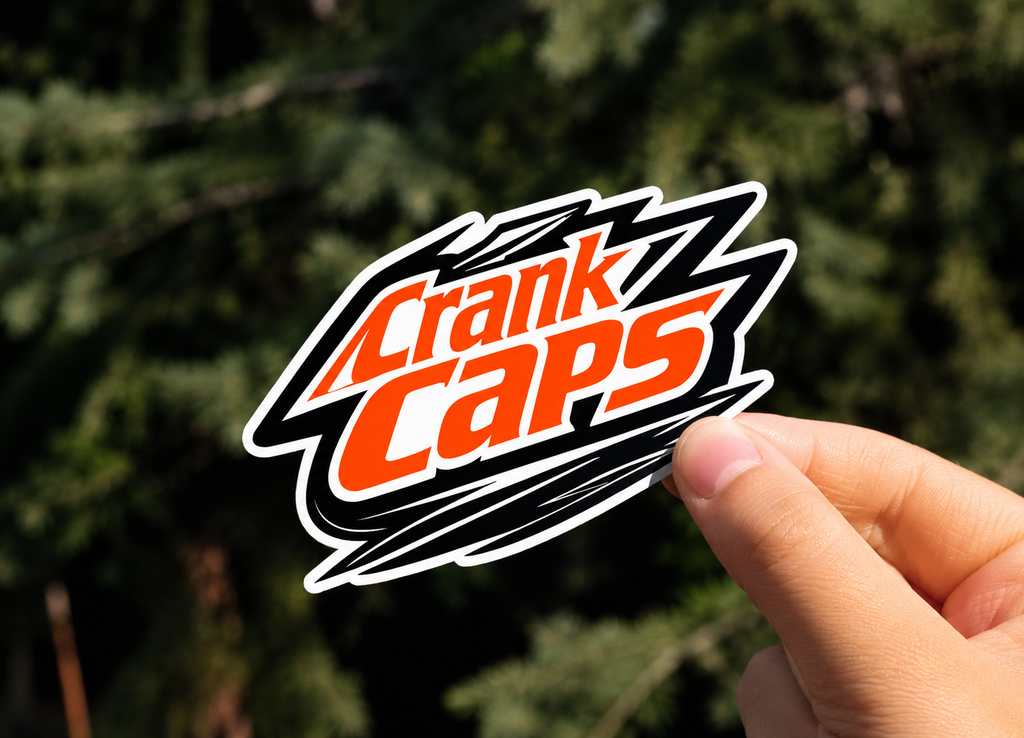 CrankCaps Ignite MTB sticker held outdoors - waterproof vinyl mountain bike sticker Australia