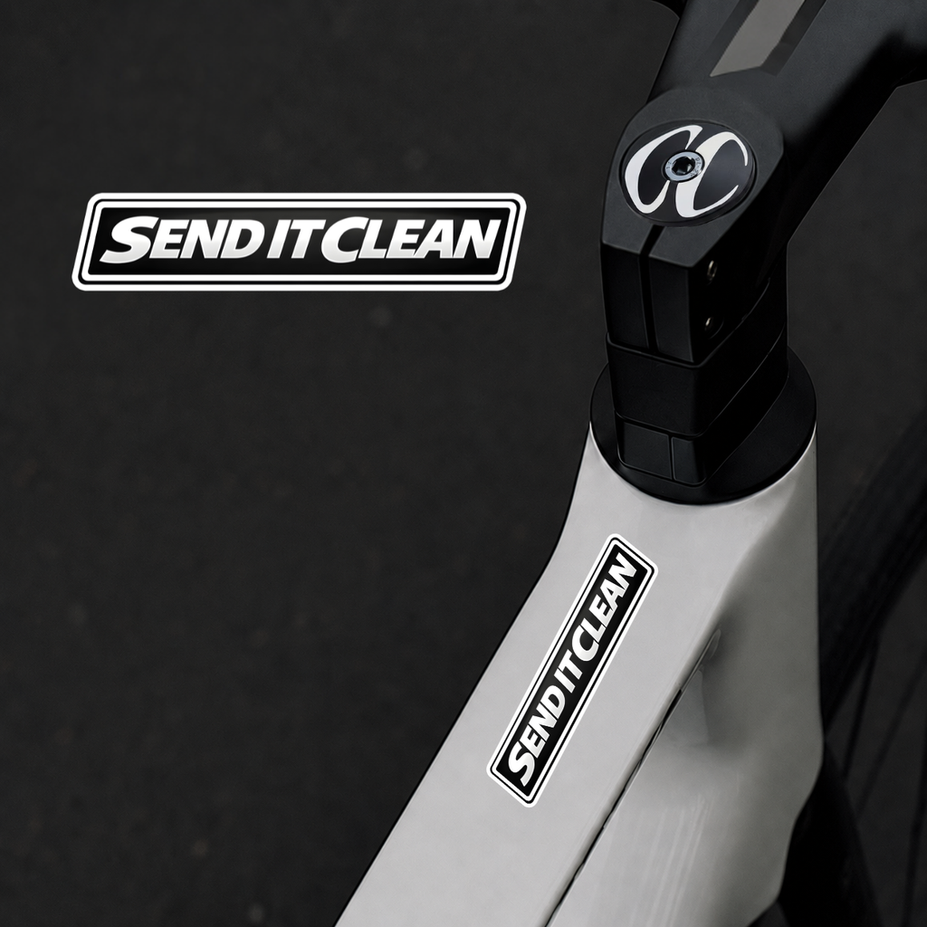 Send It Clean MTB sticker on a mountain bike 