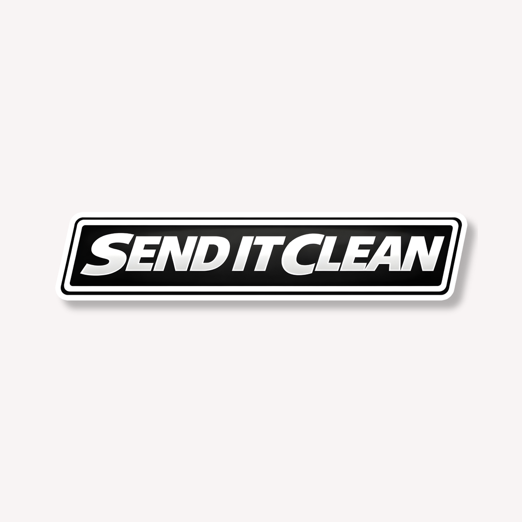 Send It Clean black and white MTB sticker by Crank Caps on a white background. 