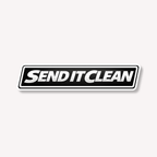 Send It Clean black and white MTB sticker by Crank Caps on a white background. 